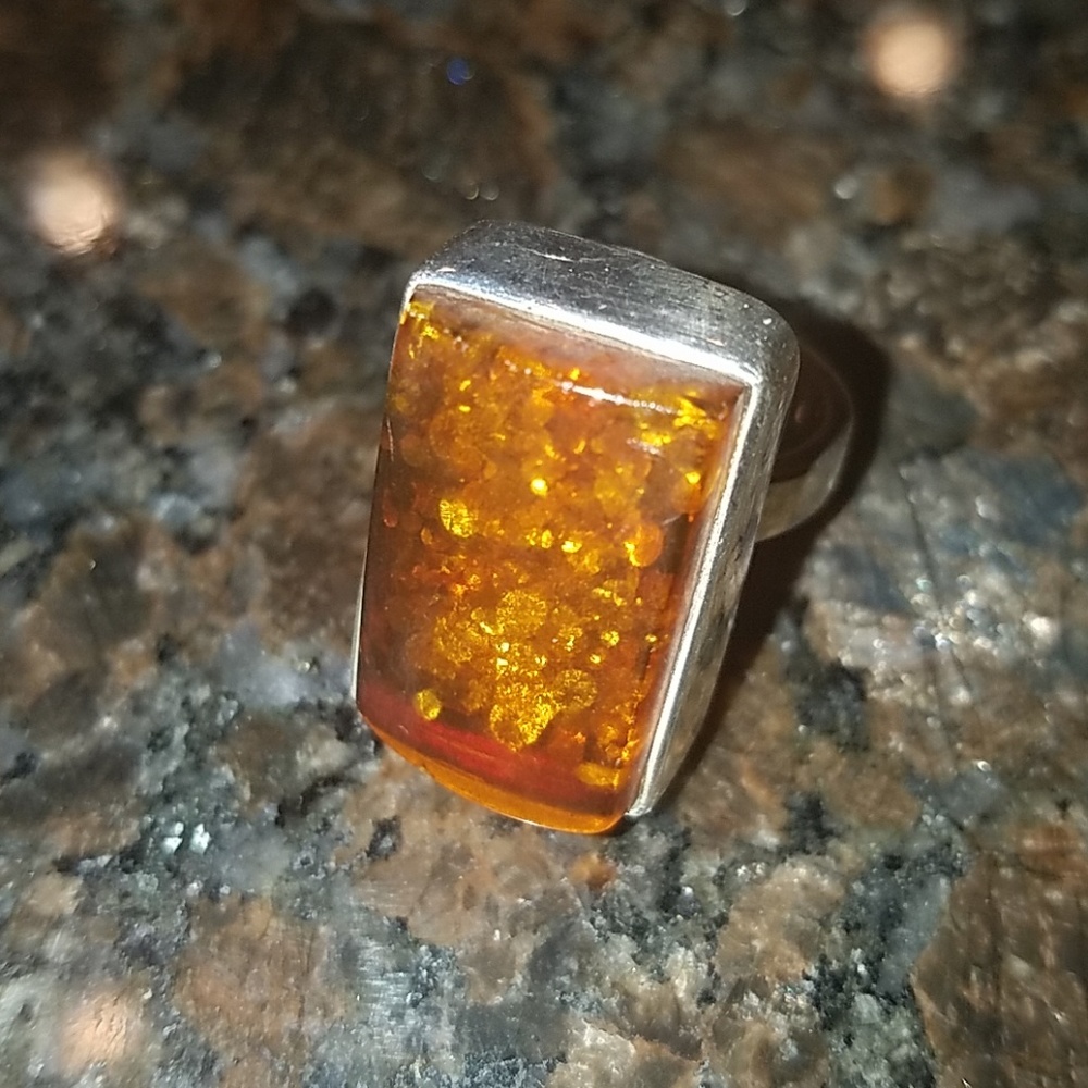 Amber sterling silver ring, size 7